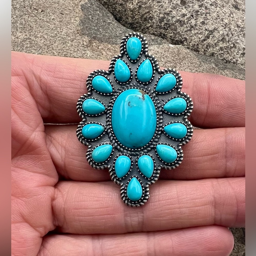Signed Navajo Handmade Sterling Silver Natural Blue Turquoise Cluster Ring 7.5 - Picture 3 of 7